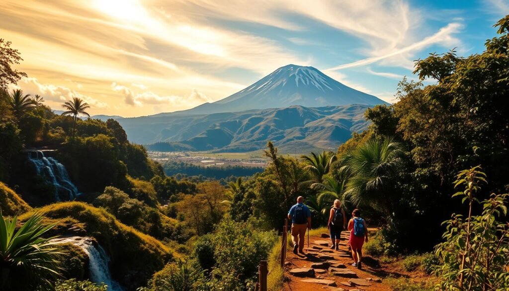 A vibrant, lush landscape of Rincón de la Vieja, Costa Rica. In the foreground, a group of adventurous hikers explore a winding trail, surrounded by verdant foliage and cascading waterfalls. The middle ground features a towering, snow-capped volcano, its slopes dotted with steaming fumaroles and bubbling mud pots. The background showcases the vast, rugged mountainous terrain, bathed in warm, golden sunlight filtering through wispy clouds. The scene conveys a sense of excitement, discovery, and the pure, untamed beauty of the Costa Rican wilderness. A vibrant, lush landscape of Rincón de la Vieja, Costa Rica. In the foreground, a group of adventurous hikers explore a winding trail, surrounded by verdant foliage and cascading waterfalls. The middle ground features a towering, snow-capped volcano, its slopes dotted with steaming fumaroles and bubbling mud pots. The background showcases the vast, rugged mountainous terrain, bathed in warm, golden sunlight filtering through wispy clouds. The scene conveys a sense of excitement, discovery, and the pure, untamed beauty of the Costa Rican wilderness.