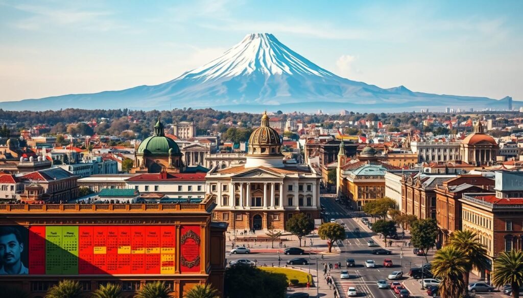A vibrant month-by-month guide to exploring Mexico City, captured in a detailed landscape painting. In the foreground, a richly colored calendar showcases the changing seasons, while the middle ground depicts iconic architecture like the Palacio de Bellas Artes, surrounded by bustling city streets. In the background, the majestic Popocatépetl volcano rises, its snow-capped peaks contrasting with the warm, hazy atmosphere. The lighting is natural and soft, creating a serene, inviting atmosphere that captures the essence of the city's diverse charms throughout the year.