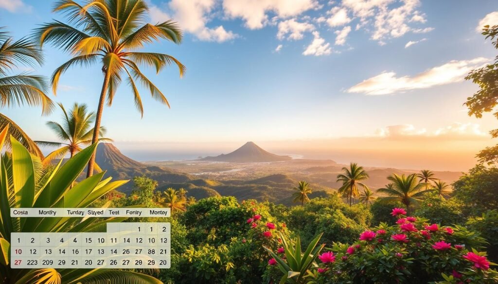 A vibrant month-by-month guide to the best times to visit Costa Rica, showcasing the country's diverse landscapes and dynamic weather patterns. In the foreground, a detailed calendar displays the optimal months for different activities, from wildlife viewing to beach days. The middle ground features lush tropical foliage, with palm trees swaying gently in the breeze and colorful flowers blooming. In the background, a panoramic vista reveals the country's iconic volcanoes, rolling hills, and azure coastlines, bathed in warm, golden light. The overall composition conveys the sense of exploration, adventure, and the perfect timing to experience the natural wonders of Costa Rica.