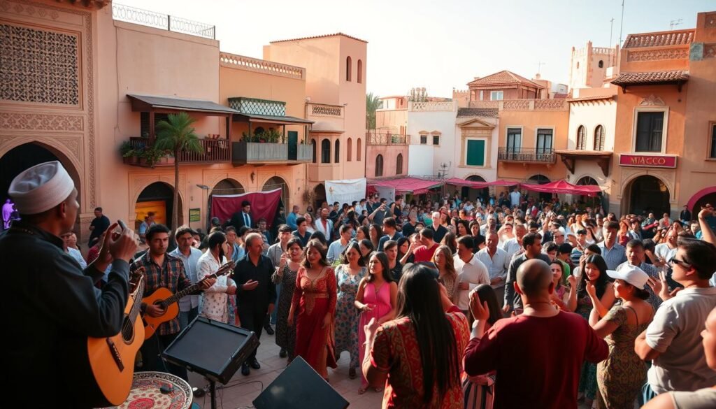 A vibrant music festival in the heart of Morocco's cultural landscape, capturing the essence of the country's rich heritage and festive spirit. The foreground features a lively stage with musicians playing traditional Moroccan instruments, their energy pulsing through the air. In the middle ground, a crowd of revelers sway and dance, their colorful traditional garments adding to the vibrant atmosphere. The background showcases the stunning architecture of nearby buildings, their intricate designs and warm hues reflecting the region's architectural legacy. Warm, golden lighting bathes the scene, creating a serene and inviting ambiance that transports the viewer to the heart of this captivating cultural celebration. A vibrant music festival in the heart of Morocco's cultural landscape, capturing the essence of the country's rich heritage and festive spirit. The foreground features a lively stage with musicians playing traditional Moroccan instruments, their energy pulsing through the air. In the middle ground, a crowd of revelers sway and dance, their colorful traditional garments adding to the vibrant atmosphere. The background showcases the stunning architecture of nearby buildings, their intricate designs and warm hues reflecting the region's architectural legacy. Warm, golden lighting bathes the scene, creating a serene and inviting ambiance that transports the viewer to the heart of this captivating cultural celebration.