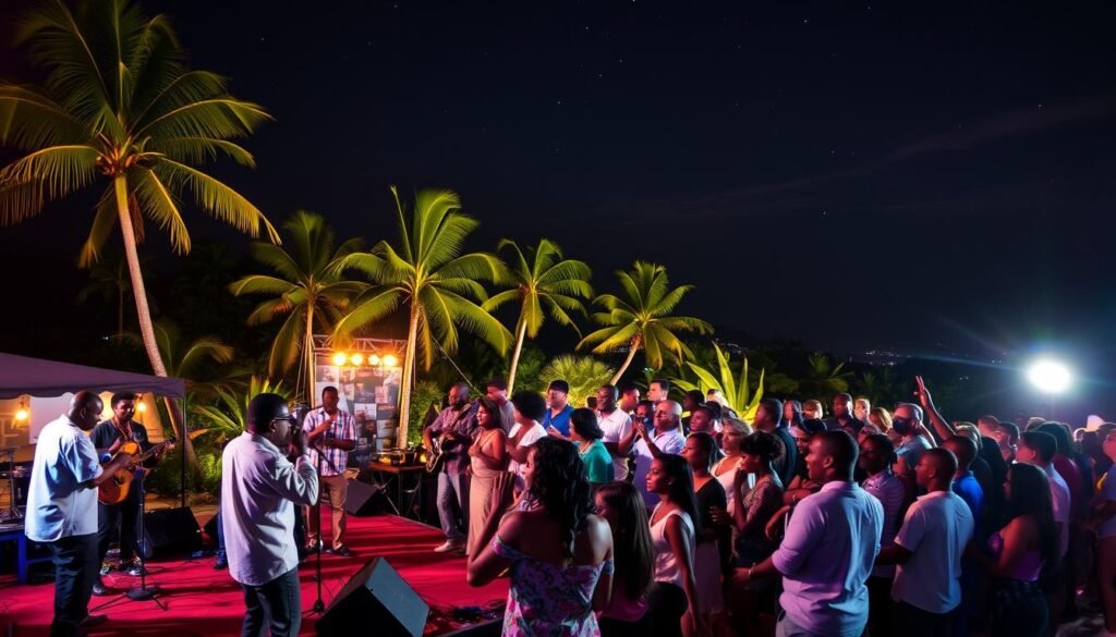 A vibrant night scene in St. Lucia, capturing the essence of the "Lucia Jazz" festival. In the foreground, a group of musicians perform on a lively outdoor stage, their instruments and gestures conveying the infectious energy of the event. The middle ground features a diverse audience swaying to the rhythmic melodies, their faces aglow with joy and excitement. In the background, the picturesque landscape of St. Lucia's tropical landscapes sets the stage, with lush palm trees and the silhouette of distant mountains under a starry, softly-lit sky. The scene is bathed in warm, golden hues, creating an inviting and atmospheric ambiance that perfectly encapsulates the spirit of the island's rich musical and cultural heritage.