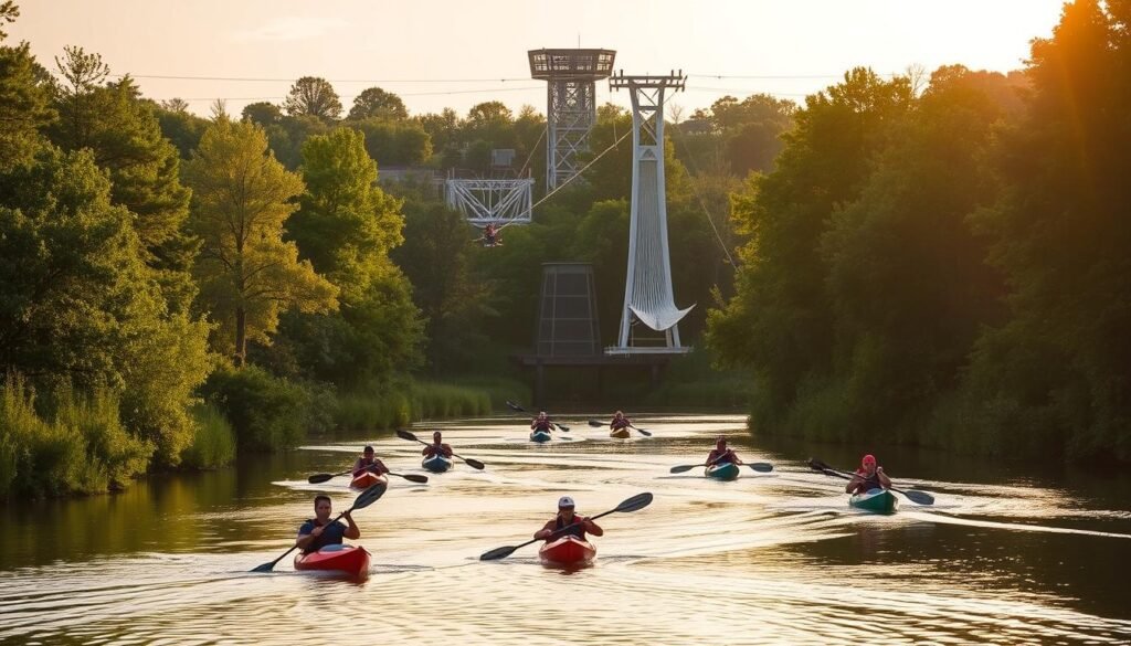 A vibrant outdoor adventure destination in the heart of Oklahoma City, RIVERSPORT features a stunning array of water sports and activities. In the foreground, a group of kayakers paddle gracefully across a tranquil river, surrounded by lush greenery. In the middle ground, a zipline soars overhead, offering thrilling aerial views of the park. In the background, the iconic SandRidge Sky Trail stands tall, its modern architecture blending seamlessly with the natural landscape. Warm, golden sunlight filters through the trees, casting a serene glow over the scene. The overall atmosphere is one of active recreation, natural beauty, and the perfect balance of adrenaline-fueled adventure and peaceful relaxation.