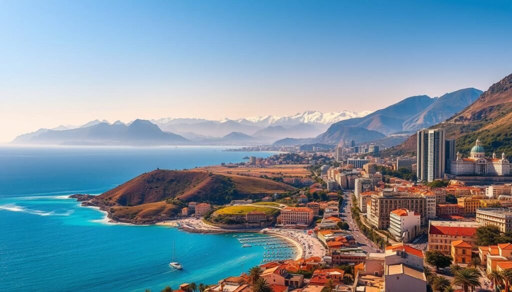 A vibrant, panoramic landscape showcasing a variety of idyllic travel destinations, bathed in warm, golden sunlight. In the foreground, a bustling city skyline with towering skyscrapers, historic architecture, and lively street scenes. In the middle ground, a serene coastal village nestled between lush, rolling hills and a glistening azure ocean. In the background, majestic snow-capped mountains rise up, creating a breathtaking natural backdrop. The scene evokes a sense of adventure, exploration, and the diversity of the world's most incredible travel destinations. A vibrant, panoramic landscape showcasing a variety of idyllic travel destinations, bathed in warm, golden sunlight. In the foreground, a bustling city skyline with towering skyscrapers, historic architecture, and lively street scenes. In the middle ground, a serene coastal village nestled between lush, rolling hills and a glistening azure ocean. In the background, majestic snow-capped mountains rise up, creating a breathtaking natural backdrop. The scene evokes a sense of adventure, exploration, and the diversity of the world's most incredible travel destinations.