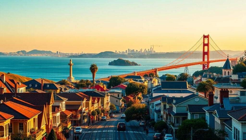 A vibrant panoramic view of the iconic Bay Area skyline, with the Golden Gate Bridge taking center stage against a backdrop of the rolling hills and blue waters of the bay. In the foreground, cable cars wind their way through bustling streets lined with charming Victorian-style buildings, while in the middle ground, the striking silhouettes of Coit Tower and Alcatraz Island rise up from the shoreline. The scene is bathed in warm, golden hour lighting, casting a magical glow over the cityscape and creating a sense of energy and excitement. The overall mood is one of exploration and discovery, inviting the viewer to immerse themselves in the unique character and attractions of this beloved California destination.