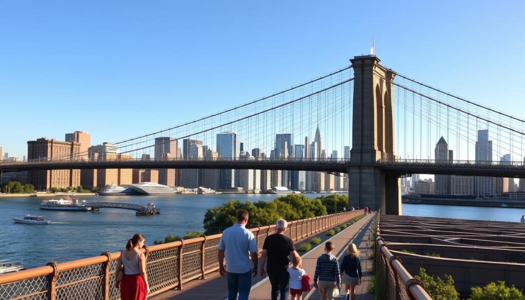 A vibrant, panoramic view of the iconic Brooklyn Bridge spanning the East River, with its striking suspension cables and Gothic-inspired towers rising majestically against a clear, azure sky. In the foreground, families stroll along the pedestrian walkway, pausing to gaze out over the bustling waterfront and the lush greenery of Brooklyn Bridge Park. The middle ground features the energetic cityscape of lower Manhattan, its skyscrapers and landmarks casting long shadows in the warm, golden light of the afternoon sun. The overall scene conveys a sense of urban adventure, discovery, and family-friendly wonder, perfectly capturing the essence of a perfect day exploring the Brooklyn Bridge and its surrounding attractions.