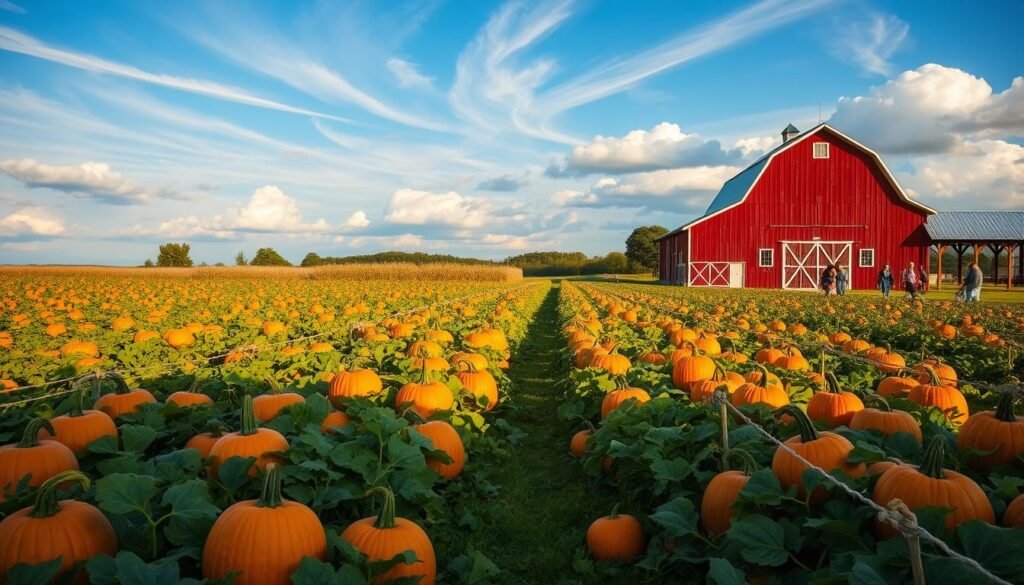 A vibrant pumpkin patch nestled in the heart of a picturesque Lancaster County farm. Rows of plump, orange pumpkins dot the lush, verdant field, their stems casting long shadows in the warm, golden afternoon light. In the distance, a rustic red barn stands tall, its weathered wood and tin roof a quintessential backdrop. Wisps of puffy white clouds drift across a bright, azure sky, adding to the tranquil, pastoral ambiance. Visitors can be seen strolling through the patch, baskets in hand, carefully selecting the perfect pumpkins for their autumnal celebrations. The scene evokes the essence of fall, a harmonious blend of nature's bounty and the charm of rural Pennsylvania.