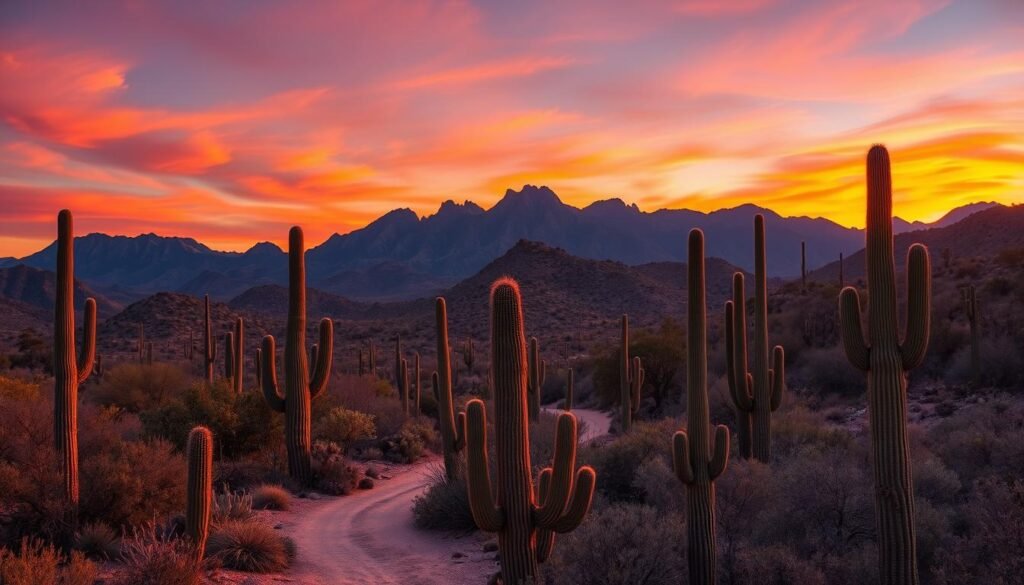 A vibrant saguaro-dotted desert landscape at sunset, with the iconic towering cacti silhouetted against a sky ablaze with warm hues of orange, pink, and gold. The foreground features a winding trail leading through the arid terrain, inviting the viewer to explore this serene and tranquil scene. In the middle ground, rugged mountains rise up, their jagged peaks casting long shadows across the desert floor. The background is filled with a deep indigo sky, dotted with the first twinkling stars of the evening. The lighting is soft and diffused, creating a sense of peaceful solitude and wonder. Capture this quintessential Sonoran Desert moment with a wide-angle lens to showcase the vast, breathtaking expanse of this iconic Tucson landscape. A vibrant saguaro-dotted desert landscape at sunset, with the iconic towering cacti silhouetted against a sky ablaze with warm hues of orange, pink, and gold. The foreground features a winding trail leading through the arid terrain, inviting the viewer to explore this serene and tranquil scene. In the middle ground, rugged mountains rise up, their jagged peaks casting long shadows across the desert floor. The background is filled with a deep indigo sky, dotted with the first twinkling stars of the evening. The lighting is soft and diffused, creating a sense of peaceful solitude and wonder. Capture this quintessential Sonoran Desert moment with a wide-angle lens to showcase the vast, breathtaking expanse of this iconic Tucson landscape.