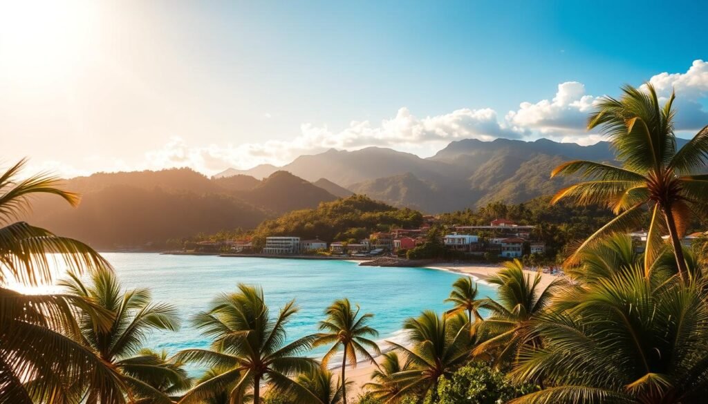 A vibrant scene of Puerto Rico's alluring landscapes, bathed in warm, golden sunlight. In the foreground, sun-drenched beaches with swaying palm trees and turquoise waters invite exploration. The middle ground features lush, verdant hills dotted with colorful colonial architecture, hinting at the island's rich cultural heritage. In the distance, majestic mountains rise, their peaks shrouded in wispy clouds. The overall atmosphere evokes a sense of tranquility and adventure, inviting the viewer to discover the island's charms at the perfect time, tailored to their travel style. A vibrant scene of Puerto Rico's alluring landscapes, bathed in warm, golden sunlight. In the foreground, sun-drenched beaches with swaying palm trees and turquoise waters invite exploration. The middle ground features lush, verdant hills dotted with colorful colonial architecture, hinting at the island's rich cultural heritage. In the distance, majestic mountains rise, their peaks shrouded in wispy clouds. The overall atmosphere evokes a sense of tranquility and adventure, inviting the viewer to discover the island's charms at the perfect time, tailored to their travel style.