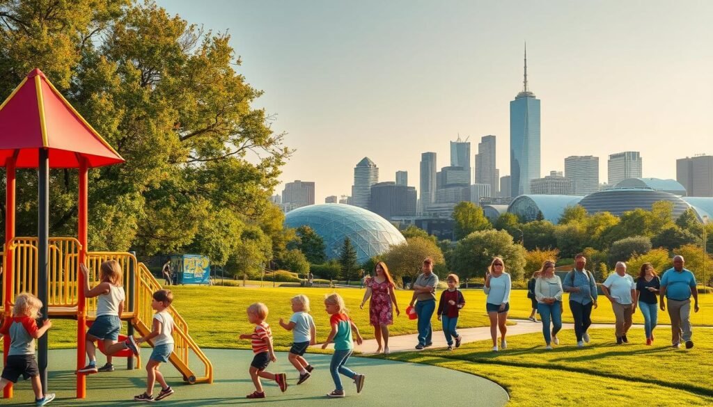 A vibrant scene of children exploring the top attractions in Kansas City. In the foreground, a group of kids excitedly play on a colorful jungle gym at a bustling outdoor playground. In the middle ground, families stroll through the lush greenery of a scenic urban park, pausing to admire the iconic architecture of the nearby science center. In the background, the distinct skyline of downtown Kansas City rises majestically, bathed in warm, golden afternoon light. The mood is one of lively energy, wonder, and family-friendly adventure, captured through a wide-angle lens that showcases the city's mix of natural and man-made wonders tailored to young explorers. A vibrant scene of children exploring the top attractions in Kansas City. In the foreground, a group of kids excitedly play on a colorful jungle gym at a bustling outdoor playground. In the middle ground, families stroll through the lush greenery of a scenic urban park, pausing to admire the iconic architecture of the nearby science center. In the background, the distinct skyline of downtown Kansas City rises majestically, bathed in warm, golden afternoon light. The mood is one of lively energy, wonder, and family-friendly adventure, captured through a wide-angle lens that showcases the city's mix of natural and man-made wonders tailored to young explorers.