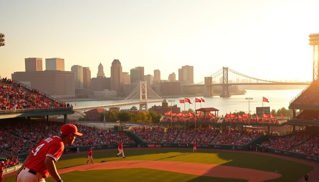A vibrant scene of the Cincinnati Reds baseball team playing at the Great American Ball Park, situated along the picturesque Ohio River. In the foreground, players in red uniforms are engaged in an intense game, their faces determined and focused. The middle ground features the iconic Cincinnati skyline, its skyscrapers and bridges casting long shadows across the field. In the background, the riverfront is alive with energy, with spectators gathered on the banks, cheering and waving Reds flags. The stadium is bathed in warm, golden sunlight, creating a sense of energy and excitement. The overall atmosphere is one of community, pride, and the thrill of the game. A vibrant scene of the Cincinnati Reds baseball team playing at the Great American Ball Park, situated along the picturesque Ohio River. In the foreground, players in red uniforms are engaged in an intense game, their faces determined and focused. The middle ground features the iconic Cincinnati skyline, its skyscrapers and bridges casting long shadows across the field. In the background, the riverfront is alive with energy, with spectators gathered on the banks, cheering and waving Reds flags. The stadium is bathed in warm, golden sunlight, creating a sense of energy and excitement. The overall atmosphere is one of community, pride, and the thrill of the game.