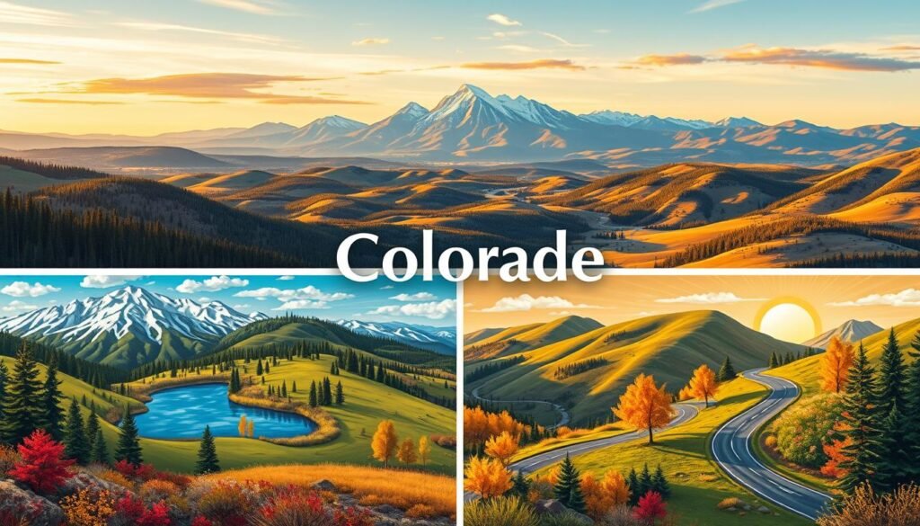 A vibrant, seasonally-themed illustration depicting the four distinct seasons of Colorado. In the foreground, detailed vignettes showcase the unique characteristics of winter, spring, summer, and fall - from snow-capped mountains and frozen lakes to lush green meadows and vibrant autumn foliage. The midground features rolling hills and winding roads, conveying the picturesque landscapes. In the background, a panoramic mountain vista stretches across the horizon, bathed in warm, golden light. The overall composition evokes a sense of adventure, wonder, and the natural beauty that defines Colorado's diverse seasonal offerings. A vibrant, seasonally-themed illustration depicting the four distinct seasons of Colorado. In the foreground, detailed vignettes showcase the unique characteristics of winter, spring, summer, and fall - from snow-capped mountains and frozen lakes to lush green meadows and vibrant autumn foliage. The midground features rolling hills and winding roads, conveying the picturesque landscapes. In the background, a panoramic mountain vista stretches across the horizon, bathed in warm, golden light. The overall composition evokes a sense of adventure, wonder, and the natural beauty that defines Colorado's diverse seasonal offerings.