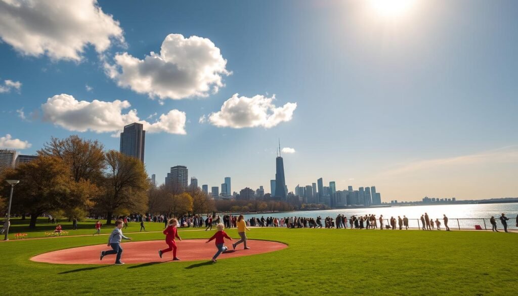 A vibrant spring day in Chicago's Lincoln Park, the lush green grass carpeting the ground as a gentle breeze rustles the newly bloomed tulips. In the foreground, a group of children playfully chase each other around the iconic baseball diamond, their laughter echoing through the crisp air. In the middle ground, a crowd gathers along the shore of the glistening lake, some posing for photos against the backdrop of the iconic Chicago skyline. The sky is a brilliant blue, with fluffy white clouds drifting overhead, illuminated by warm, golden sunlight that casts a cheerful glow over the entire scene. The mood is one of pure celebration, a perfect reflection of the city's joyous spirit during the spring season. A vibrant spring day in Chicago's Lincoln Park, the lush green grass carpeting the ground as a gentle breeze rustles the newly bloomed tulips. In the foreground, a group of children playfully chase each other around the iconic baseball diamond, their laughter echoing through the crisp air. In the middle ground, a crowd gathers along the shore of the glistening lake, some posing for photos against the backdrop of the iconic Chicago skyline. The sky is a brilliant blue, with fluffy white clouds drifting overhead, illuminated by warm, golden sunlight that casts a cheerful glow over the entire scene. The mood is one of pure celebration, a perfect reflection of the city's joyous spirit during the spring season.