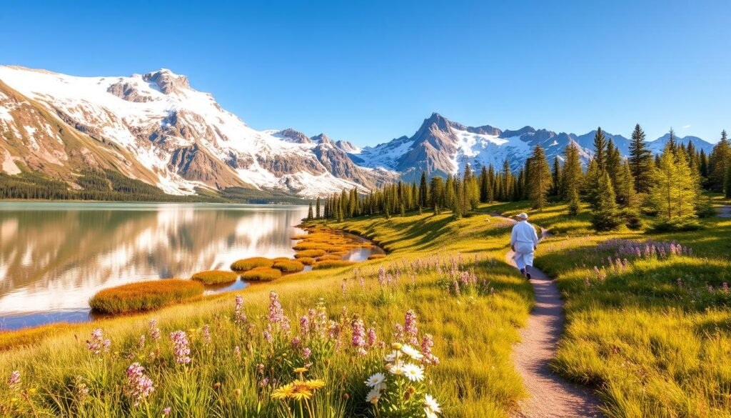 A vibrant springtime landscape in Glacier National Park, Montana. In the foreground, a crystal-clear alpine lake reflects the snow-capped peaks of the Rocky Mountains. Wildflowers in bloom dot the grassy shores, their petals swaying in a gentle breeze. In the middle ground, a winding trail leads through a lush, verdant forest, bathed in warm, golden sunlight filtering through the canopy. In the background, towering glaciers glisten under a clear, azure sky, their icy facades complemented by the soft, pastel hues of the season. The scene exudes a sense of tranquility and natural wonder, perfectly capturing the essence of spring in this iconic American landscape. A vibrant springtime landscape in Glacier National Park, Montana. In the foreground, a crystal-clear alpine lake reflects the snow-capped peaks of the Rocky Mountains. Wildflowers in bloom dot the grassy shores, their petals swaying in a gentle breeze. In the middle ground, a winding trail leads through a lush, verdant forest, bathed in warm, golden sunlight filtering through the canopy. In the background, towering glaciers glisten under a clear, azure sky, their icy facades complemented by the soft, pastel hues of the season. The scene exudes a sense of tranquility and natural wonder, perfectly capturing the essence of spring in this iconic American landscape.