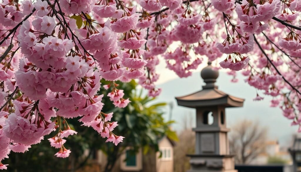 A vibrant springtime scene in Japan showcasing the beauty of cherry blossoms. In the foreground, a lush cluster of delicate, pastel-pink petals sway gently in a soft breeze. The middle ground features a traditional Japanese stone lantern, partially obscured by the cascading cherry blossom branches. In the background, a blend of verdant foliage and a hazy, atmospheric sky create a serene, natural ambiance. Warm, diffused lighting casts a dreamlike glow over the entire composition, capturing the essence of Japan's renowned cherry blossom season. Captured with a wide-angle lens to emphasize the tranquil, picturesque setting.