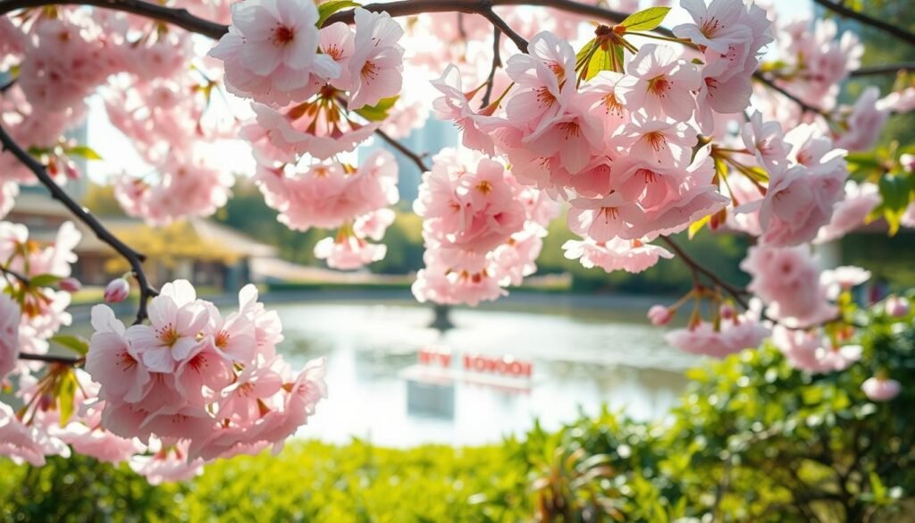 A vibrant springtime scene in Tokyo's Ueno Park, with delicate cherry blossoms in full bloom. Soft, diffused natural light filters through the pastel-pink flowers, casting a warm, romantic glow on the picturesque landscape. The foreground features a cluster of lush, voluminous sakura branches, their petals gently swaying in the breeze. In the middle ground, a tranquil pond reflects the dazzling floral display, creating a serene, mirror-like effect. The background is framed by verdant foliage and the iconic architecture of the city, hinting at the urban setting. The overall atmosphere is one of peaceful contemplation, inviting the viewer to immerse themselves in the ephemeral beauty of this cherished Japanese tradition. A vibrant springtime scene in Tokyo's Ueno Park, with delicate cherry blossoms in full bloom. Soft, diffused natural light filters through the pastel-pink flowers, casting a warm, romantic glow on the picturesque landscape. The foreground features a cluster of lush, voluminous sakura branches, their petals gently swaying in the breeze. In the middle ground, a tranquil pond reflects the dazzling floral display, creating a serene, mirror-like effect. The background is framed by verdant foliage and the iconic architecture of the city, hinting at the urban setting. The overall atmosphere is one of peaceful contemplation, inviting the viewer to immerse themselves in the ephemeral beauty of this cherished Japanese tradition.