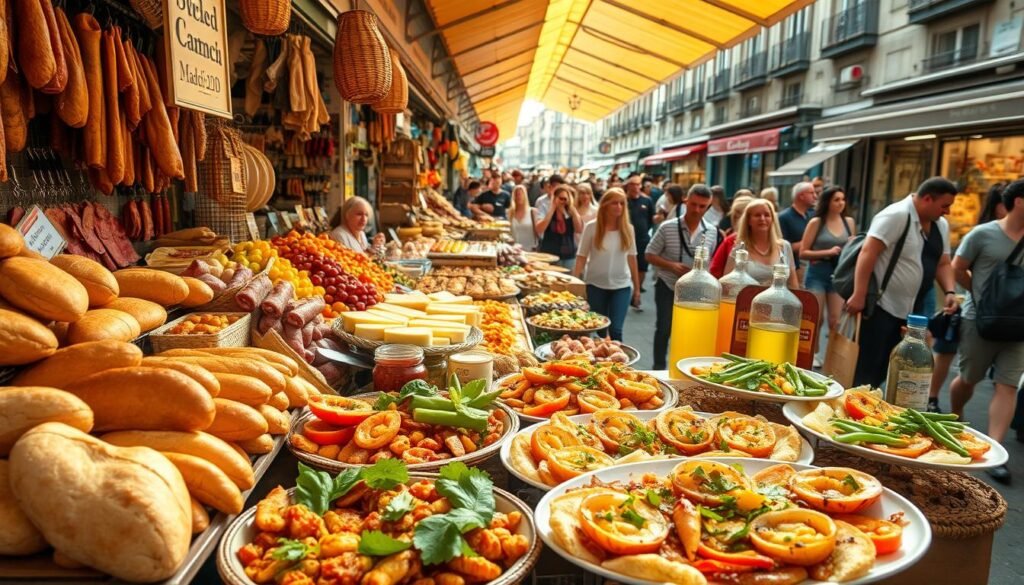 A vibrant street market in Madrid, overflowing with a mouthwatering array of local delicacies. In the foreground, a display of freshly baked bread, cured meats, and colorful produce. Tapas dishes filled with sizzling seafood and garlic-infused vegetables take center stage, inviting the senses. Middleground stalls offer artisanal cheeses, jars of olive oil, and fragrant spices. In the background, a lively crowd of locals and tourists wander the aisles, immersed in the bustling atmosphere of this quintessential Spanish culinary experience. Warm Mediterranean light filters through the open-air canopy, casting a golden glow over the vibrant scene. A sense of joy and celebration permeates the air, capturing the spirit of Madrid's renowned food culture.