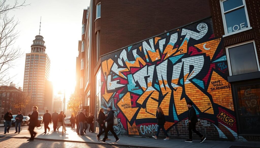 A vibrant street scene in Amsterdam Noord, capturing the essence of the city's thriving urban art scene. In the foreground, a weathered brick wall serves as the canvas for a striking mural, its bold colors and intricate patterns commanding attention. In the middle ground, a group of pedestrians pause to admire the artwork, their silhouettes adding a sense of human interaction and scale. The background features a mix of modern and historic architecture, creating a visually compelling juxtaposition. The warm, golden glow of the afternoon sun bathes the scene, casting a warm and inviting atmosphere. The overall composition conveys a sense of creativity, energy, and the dynamic spirit that defines the artistic heart of Amsterdam Noord.