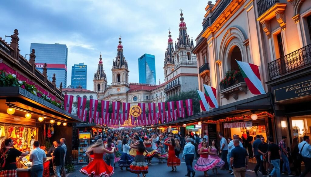 A vibrant street scene in the heart of Mexico City, bustling with the energy of a lively festival. In the foreground, a colorful parade winds its way through the streets, dancers in traditional costumes twirling and weaving between stalls selling handcrafted wares and fragrant street food. The middle ground is a tapestry of warm lighting, illuminating the ornate architecture and festive banners that adorn the buildings. In the background, towering cathedrals and skyscrapers frame the scene, creating a dynamic contrast between the historic and modern elements of this vibrant city. The overall atmosphere is one of joy, celebration, and a deep appreciation for Mexican culture and heritage.