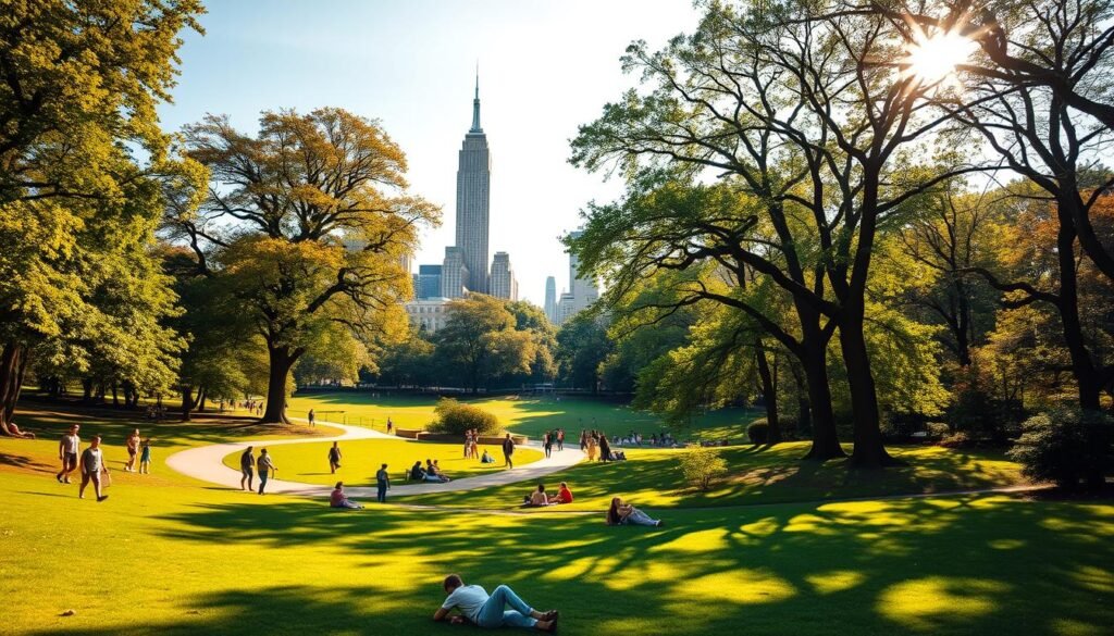 A vibrant, sun-dappled scene in New York's iconic Central Park. In the foreground, a lush, verdant lawn dotted with people strolling, lounging, and picnicking. Winding pathways meander through the middle ground, leading the eye towards towering, stately trees that cast a gentle, dappled shade. In the background, the distinctive skyline of Manhattan's skyscrapers rises up, creating a striking contrast between nature and urban life. A soft, golden glow bathes the entire scene, lending a warm, inviting atmosphere. Captured with a wide-angle lens to showcase the park's expansive grandeur and the little surprises that delight visitors throughout the day.