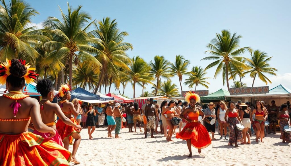 A vibrant, sun-drenched beach scene in the Bahamas, with a lively crowd gathered for a grand festival. In the foreground, colorfully costumed dancers twirl and sway to the rhythm of steel drums, their elaborate headdresses and beaded accessories sparkling in the warm, golden light. In the middle ground, a diverse array of food and craft vendors offer their wares, their stalls adorned with intricate island-inspired patterns. In the background, towering palm trees sway gently, framing a cloudless azure sky. The atmosphere is lively, celebratory, and captures the essence of can't-miss events that define the ideal time to visit this tropical paradise.