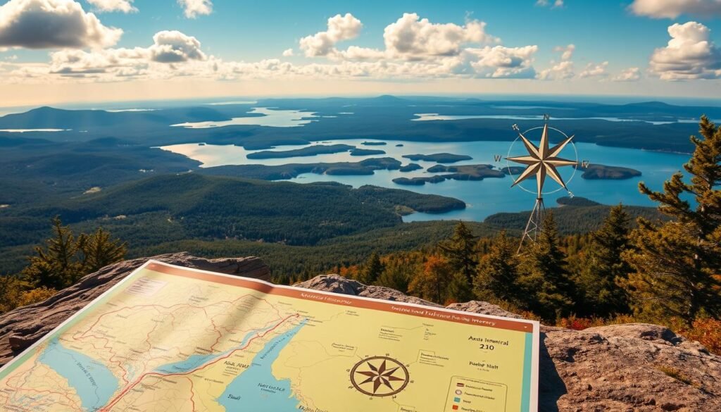 A vibrant, sun-drenched landscape showcasing suggested itineraries for a visit to Acadia National Park. In the foreground, a detailed trail map lays out diverse hiking routes, from coastal rambles to mountain ascents. In the middle ground, a scenic overlook offers breathtaking vistas of rugged cliffs, pristine lakes, and lush forests. In the background, a vintage-style compass rose guides the viewer, conveying a sense of adventure and exploration. The image is captured with a wide-angle lens, emphasizing the grandeur of the setting, and illuminated by warm, golden lighting that evokes the park's natural beauty.