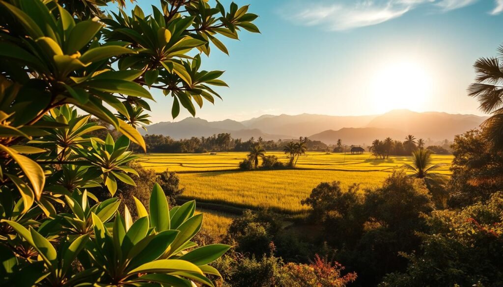 A vibrant, sun-drenched landscape showcasing the diverse seasons of Thailand. In the foreground, lush tropical foliage bursts with verdant hues, while the middle ground features a serene rice paddy glistening under warm, golden light. In the background, majestic mountains rise, their peaks capped with a light dusting of snow, signifying the cooler climes of the winter months. The scene exudes a sense of balance and harmony, capturing the ebb and flow of Thailand's captivating seasonal cycles. The overall atmosphere is one of tranquility and wonder, inviting the viewer to immerse themselves in the natural splendor of this remarkable country.