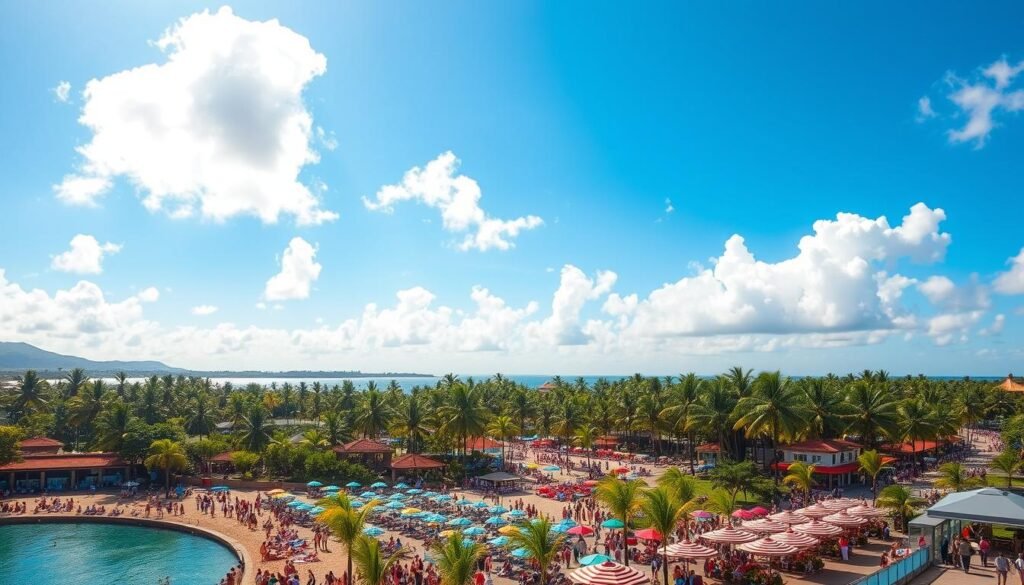 A vibrant tropical landscape during peak tourist season in Bali. In the foreground, a bustling beachfront promenade with throngs of people enjoying the warm sun and azure waters. In the middle ground, rows of colorful umbrellas and sun loungers dot the sandy beach, while in the distance, lush palm trees sway gently in the breeze. The sky is a brilliant blue, with fluffy white clouds drifting overhead, illuminated by the golden light of the midday sun. The overall atmosphere is one of energy, excitement, and a sense of adventure, capturing the essence of Bali's most popular travel period. A vibrant tropical landscape during peak tourist season in Bali. In the foreground, a bustling beachfront promenade with throngs of people enjoying the warm sun and azure waters. In the middle ground, rows of colorful umbrellas and sun loungers dot the sandy beach, while in the distance, lush palm trees sway gently in the breeze. The sky is a brilliant blue, with fluffy white clouds drifting overhead, illuminated by the golden light of the midday sun. The overall atmosphere is one of energy, excitement, and a sense of adventure, capturing the essence of Bali's most popular travel period.