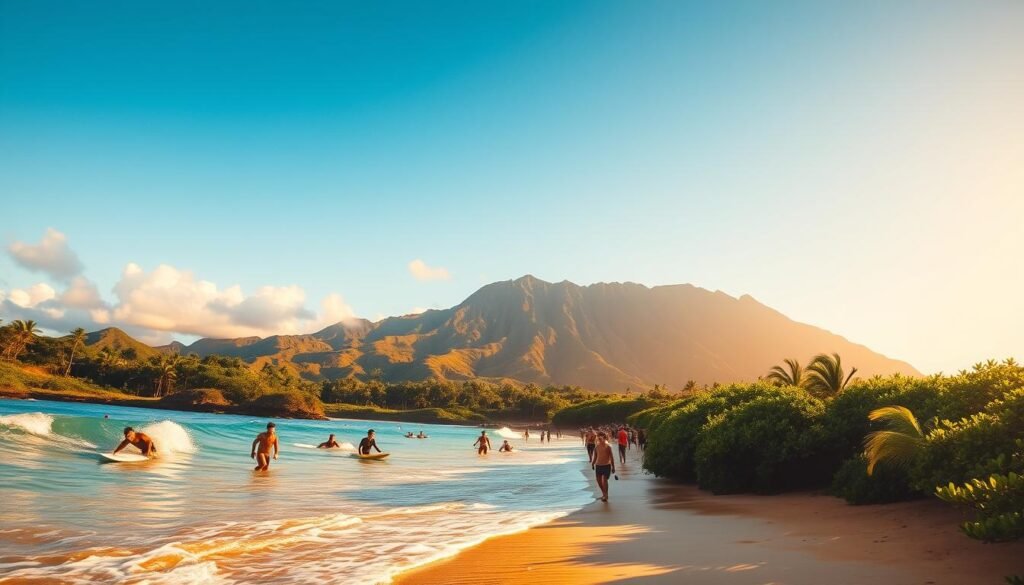 A vibrant tropical landscape, with a serene beach in the foreground. In the middle ground, a group of people engaged in various activities - surfers riding the waves, snorkelers exploring the coral reef, and hikers traversing a lush, verdant trail. The background features a majestic volcanic mountain range, bathed in warm, golden sunlight. The scene conveys a sense of adventure, relaxation, and the natural beauty of the Hawaiian islands. The lighting is soft and diffused, creating a dreamlike, idyllic atmosphere. The camera angle is slightly elevated, allowing for a panoramic view of the diverse activities taking place. A vibrant tropical landscape, with a serene beach in the foreground. In the middle ground, a group of people engaged in various activities - surfers riding the waves, snorkelers exploring the coral reef, and hikers traversing a lush, verdant trail. The background features a majestic volcanic mountain range, bathed in warm, golden sunlight. The scene conveys a sense of adventure, relaxation, and the natural beauty of the Hawaiian islands. The lighting is soft and diffused, creating a dreamlike, idyllic atmosphere. The camera angle is slightly elevated, allowing for a panoramic view of the diverse activities taking place.