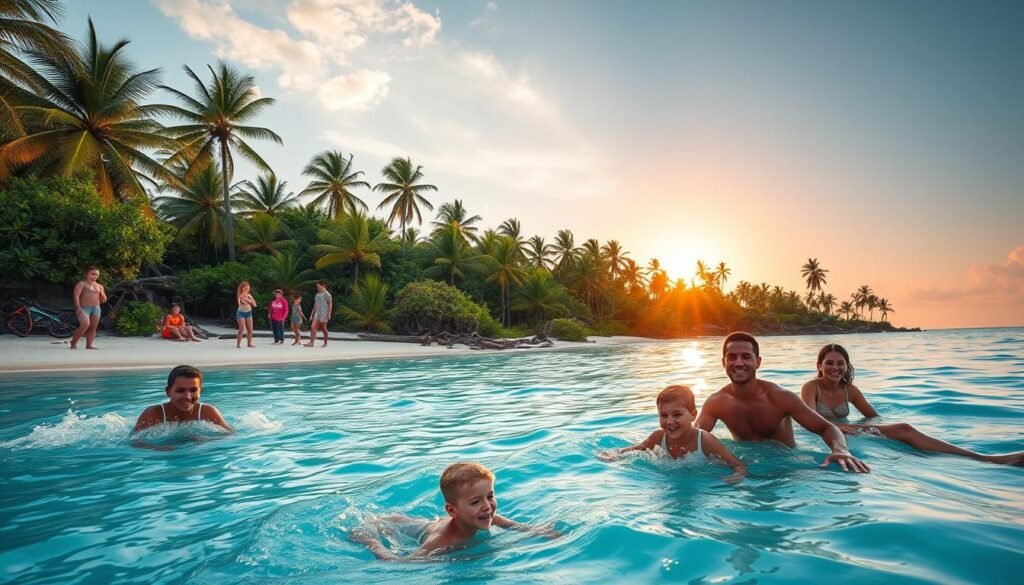 A vibrant tropical paradise with families enjoying an array of activities. In the foreground, children splash joyfully in a crystal-clear turquoise lagoon, while parents relax on the pristine white sand beach. In the middle ground, a group of adventurous teens explore a lush jungle trail, spotting exotic wildlife. Across the horizon, towering palm trees sway gently in the warm, salty breeze. The scene is bathed in the golden glow of a setting sun, casting a dreamlike ambiance over the entire idyllic island. A sense of carefree, family-friendly bliss permeates the air, inviting visitors to immerse themselves in the ultimate island getaway. A vibrant tropical paradise with families enjoying an array of activities. In the foreground, children splash joyfully in a crystal-clear turquoise lagoon, while parents relax on the pristine white sand beach. In the middle ground, a group of adventurous teens explore a lush jungle trail, spotting exotic wildlife. Across the horizon, towering palm trees sway gently in the warm, salty breeze. The scene is bathed in the golden glow of a setting sun, casting a dreamlike ambiance over the entire idyllic island. A sense of carefree, family-friendly bliss permeates the air, inviting visitors to immerse themselves in the ultimate island getaway.