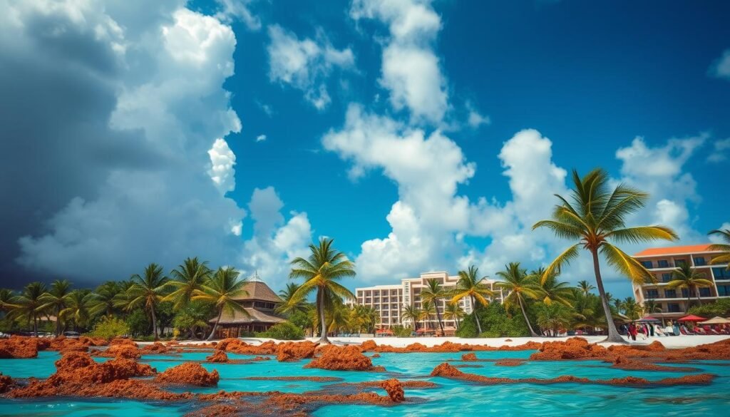 A vibrant tropical scene set in Cancun, Mexico during the peak of the summer season. In the foreground, storm clouds loom ominously, hinting at the potential for powerful hurricanes. Sargassum seaweed floats lazily in the turquoise waters, a testament to the region's unique marine ecosystem. The middle ground features lush palm trees swaying gently in the warm breeze, their fronds casting intricate shadows across the sun-drenched beach. In the background, the iconic Mayan architecture of Cancun's resorts stands proud, framed by a brilliant azure sky. The overall mood is one of anticipation, as the viewer is drawn into the dynamic interplay of nature's forces at work in this idyllic Caribbean setting. A vibrant tropical scene set in Cancun, Mexico during the peak of the summer season. In the foreground, storm clouds loom ominously, hinting at the potential for powerful hurricanes. Sargassum seaweed floats lazily in the turquoise waters, a testament to the region's unique marine ecosystem. The middle ground features lush palm trees swaying gently in the warm breeze, their fronds casting intricate shadows across the sun-drenched beach. In the background, the iconic Mayan architecture of Cancun's resorts stands proud, framed by a brilliant azure sky. The overall mood is one of anticipation, as the viewer is drawn into the dynamic interplay of nature's forces at work in this idyllic Caribbean setting.
