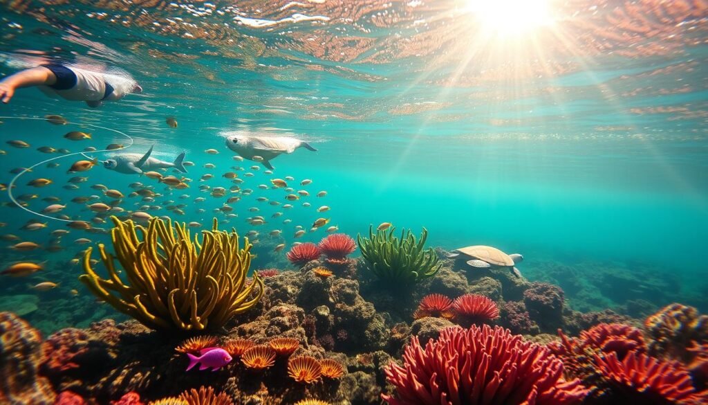 A vibrant underwater scene at Hanauma Bay, Oahu, with snorkelers exploring the colorful coral reef. In the foreground, graceful schools of tropical fish dart between the swaying kelp and sea fans. The middle ground features a diverse array of marine life, from curious parrotfish to gentle sea turtles gliding through the crystal-clear waters. In the background, the sun's rays filter through the surface, creating a warm, inviting atmosphere. The composition captures the sense of wonder and tranquility that draws visitors to this renowned snorkeling destination. A vibrant underwater scene at Hanauma Bay, Oahu, with snorkelers exploring the colorful coral reef. In the foreground, graceful schools of tropical fish dart between the swaying kelp and sea fans. The middle ground features a diverse array of marine life, from curious parrotfish to gentle sea turtles gliding through the crystal-clear waters. In the background, the sun's rays filter through the surface, creating a warm, inviting atmosphere. The composition captures the sense of wonder and tranquility that draws visitors to this renowned snorkeling destination.