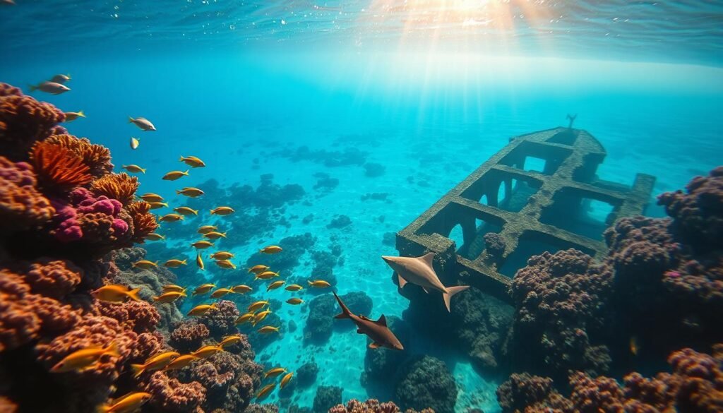 A vibrant, underwater seascape capturing the essence of Cozumel's renowned coral reef. In the foreground, schools of tropical fish dart between colorful, undulating corals. Rays and reef sharks glide gracefully through the crystal-clear, turquoise waters. The middle ground features a sunken shipwreck, its weathered hull now a thriving habitat for diverse marine life. Beams of soft, golden sunlight filter down from the surface, illuminating the scene with a warm, enchanting glow. The background depicts a vast, panoramic view of the reef, stretching out to the distant horizon. An atmosphere of serene exploration and discovery pervades the entire composition.
