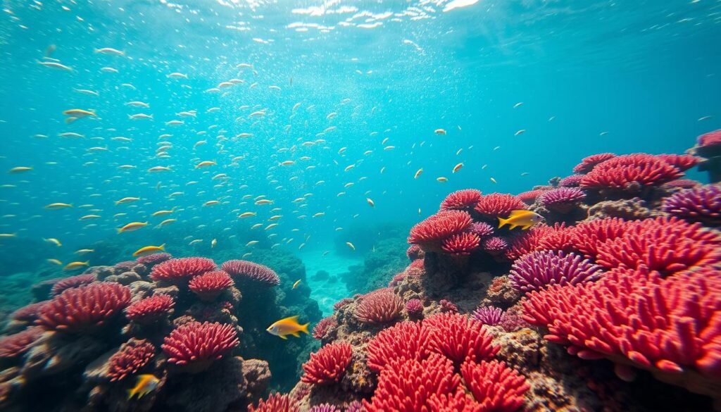 A vibrant underwater seascape of a lush barrier reef, captured through the lens of a high-resolution camera. In the foreground, a vibrant array of coral formations in shades of red, orange, and purple, teeming with a diverse array of tropical fish. The middle ground reveals schools of iridescent fish darting through the clear, turquoise waters, while the background showcases the depth and expanse of the reef, with sunlight filtering down and casting a warm, golden glow. The scene evokes a sense of tranquility and wonder, perfect for highlighting the incredible marine life and diving conditions of Belize's renowned barrier reef. A vibrant underwater seascape of a lush barrier reef, captured through the lens of a high-resolution camera. In the foreground, a vibrant array of coral formations in shades of red, orange, and purple, teeming with a diverse array of tropical fish. The middle ground reveals schools of iridescent fish darting through the clear, turquoise waters, while the background showcases the depth and expanse of the reef, with sunlight filtering down and casting a warm, golden glow. The scene evokes a sense of tranquility and wonder, perfect for highlighting the incredible marine life and diving conditions of Belize's renowned barrier reef.