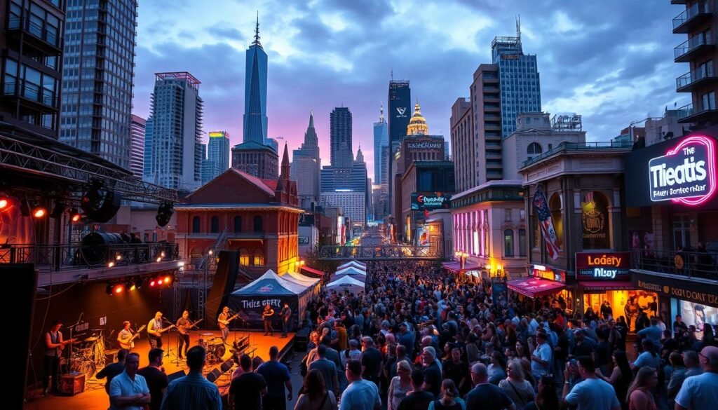 A vibrant urban landscape bustling with arts, music, and performance. In the foreground, a lively outdoor stage sets the scene, illuminated by warm stage lighting and filled with energetic musicians captivating the crowd. The middle ground showcases a mix of modern and historic architecture, with towering skyscrapers and iconic landmarks that create a dynamic skyline. In the background, a network of neon-lit streets and alleyways invite exploration, leading to hidden music venues, immersive art exhibits, and bustling cultural hubs. The overall atmosphere is one of excitement, creativity, and a sense of discovery, capturing the essence of a thriving arts and entertainment district. A vibrant urban landscape bustling with arts, music, and performance. In the foreground, a lively outdoor stage sets the scene, illuminated by warm stage lighting and filled with energetic musicians captivating the crowd. The middle ground showcases a mix of modern and historic architecture, with towering skyscrapers and iconic landmarks that create a dynamic skyline. In the background, a network of neon-lit streets and alleyways invite exploration, leading to hidden music venues, immersive art exhibits, and bustling cultural hubs. The overall atmosphere is one of excitement, creativity, and a sense of discovery, capturing the essence of a thriving arts and entertainment district.