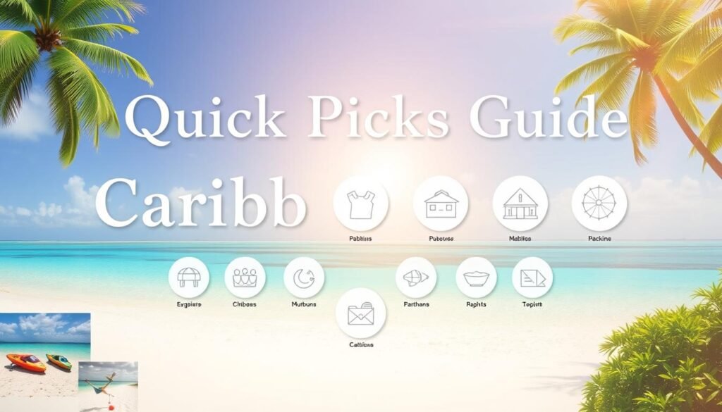 A vibrant, visually captivating "Quick Picks Guide" showcasing the stunning Caribbean islands. In the foreground, a collage of iconic island scenes - white sand beaches, turquoise waters, lush tropical foliage. The middle ground features circular icons representing various travel styles and interests, elegantly arranged. The background is a soft, dreamlike gradient evoking the warm, sun-drenched atmosphere of the Caribbean. Subtle lighting casts a natural, golden glow across the entire composition, creating a sense of inviting warmth. The overall aesthetic is sophisticated, well-balanced, and visually compelling, drawing the viewer in to explore the diverse delights of the Caribbean.