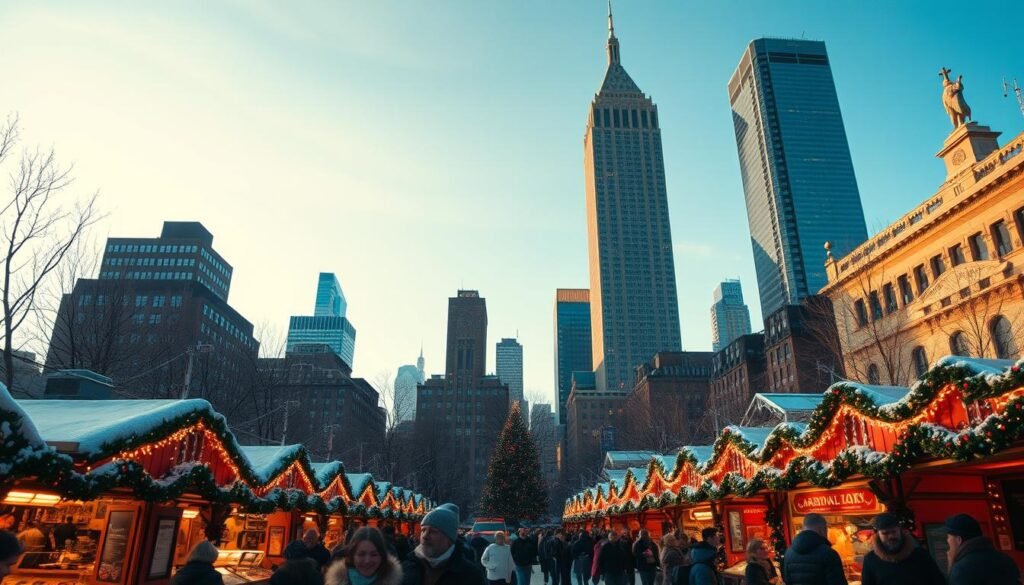A vibrant winter scene in New York City, captured with a wide-angle lens. In the foreground, a bustling holiday market with festive stalls and twinkling lights, surrounded by a crowd of bundled-up shoppers. In the middle ground, the iconic skyscrapers of Manhattan rise up, their windows reflecting the glow of the market below. In the background, a crisp, clear sky with a dusting of snow, creating a cozy and enchanting atmosphere. Warm lighting illuminates the scene, casting a soft, inviting glow and evoking the magic of the winter season in the city that never sleeps. A vibrant winter scene in New York City, captured with a wide-angle lens. In the foreground, a bustling holiday market with festive stalls and twinkling lights, surrounded by a crowd of bundled-up shoppers. In the middle ground, the iconic skyscrapers of Manhattan rise up, their windows reflecting the glow of the market below. In the background, a crisp, clear sky with a dusting of snow, creating a cozy and enchanting atmosphere. Warm lighting illuminates the scene, casting a soft, inviting glow and evoking the magic of the winter season in the city that never sleeps.