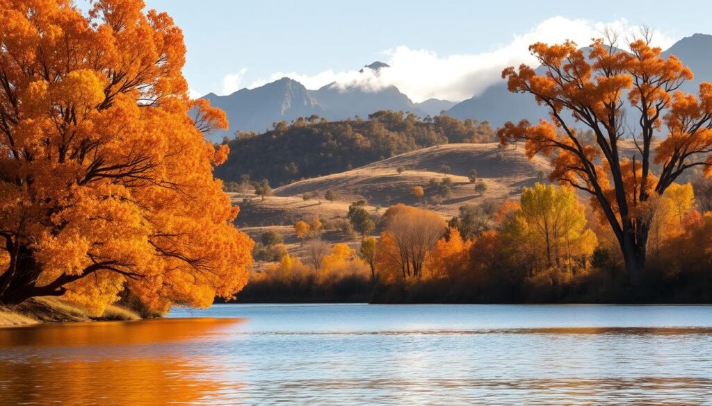 A warm, golden autumnal scene in Australia's September-November "shoulder season." In the foreground, a tranquil lake reflects vibrant hues of orange, red, and yellow leaves. Gentle sunlight filters through the trees, casting soft, dappled shadows. In the middle ground, rolling hills dotted with native gum trees slope away into the distance. The background features a dramatic mountain range, its peaks shrouded in wispy clouds. The overall atmosphere is one of serene tranquility, inviting the viewer to experience the beauty of Australia during this ideal time of year. A warm, golden autumnal scene in Australia's September-November "shoulder season." In the foreground, a tranquil lake reflects vibrant hues of orange, red, and yellow leaves. Gentle sunlight filters through the trees, casting soft, dappled shadows. In the middle ground, rolling hills dotted with native gum trees slope away into the distance. The background features a dramatic mountain range, its peaks shrouded in wispy clouds. The overall atmosphere is one of serene tranquility, inviting the viewer to experience the beauty of Australia during this ideal time of year.
