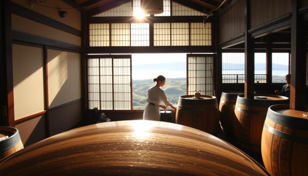 A warm, softly lit scene of a traditional Japanese sake brewery in Niigata. The foreground features an artisanal wooden barrel, the surface gleaming with a fresh coat of lacquer. Behind it, a group of skilled brewers carefully tend to the fermentation process, their movements graceful and precise. In the middle ground, sunlight filters through shoji screens, casting a gentle glow over the tranquil interior. The background showcases the breathtaking landscape outside - rolling hills dotted with centuries-old rice paddies, and the distant silhouette of the Sea of Japan shimmering under a clear sky. An atmosphere of heritage, craftsmanship, and natural beauty captures the essence of Niigata's sake culture.