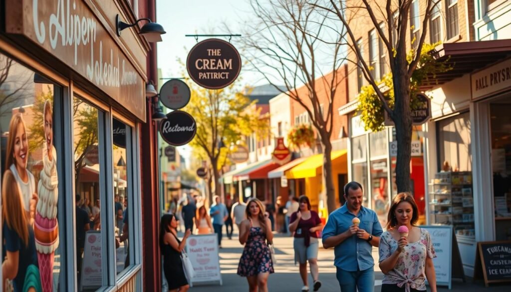 A warm, sun-drenched street in the Alberta Arts District, Portland, with a charming ice cream parlor in the foreground. The shop's facade features vintage-inspired signage and vibrant murals depicting the unique character of the neighborhood. In the middle ground, people stroll by, licking colorful scoops of artisanal ice cream. The background showcases the eclectic mix of indie shops, cafes, and local art galleries that define the vibrant, creative atmosphere of this community. Soft, golden lighting casts a welcoming glow, capturing the laidback, small-town vibe of this beloved Portland destination.