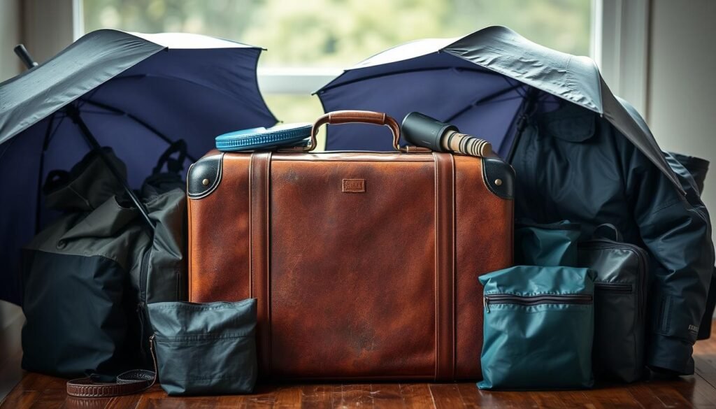 A weathered suitcase stands at the center of the frame, its worn leather surface hinting at a lifetime of adventures. Surrounding it, an assortment of rain gear and travel accessories - a sturdy umbrella, a hooded raincoat, and a collection of waterproof pouches - are arranged in a natural, effortless composition. Soft, diffused lighting filters through the scene, creating a sense of tranquility and contemplation. The background is blurred, allowing the viewer to focus on the carefully curated "weather pack" - a testament to the traveler's preparedness for Amsterdam's unpredictable climate. The overall mood is one of anticipation and adaptability, capturing the essence of the article's section on planning for changing weather and prices.