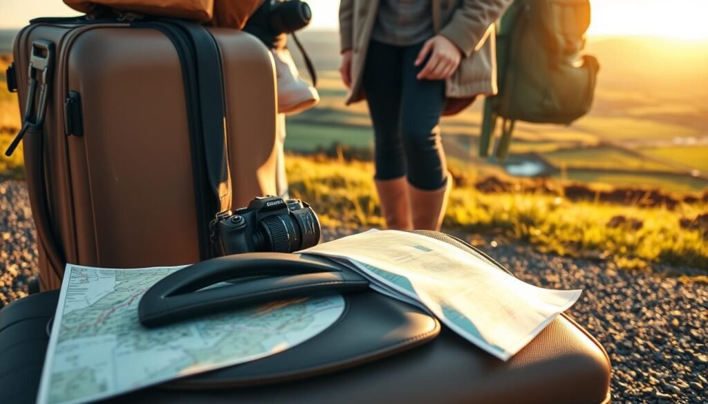 A well-equipped traveler embarking on an Irish adventure. In the foreground, a sturdy suitcase, map, and camera, capturing the essence of practical preparation. The middle ground features a stylish travel outfit, comfortable walking shoes, and a trusty backpack. In the background, a picturesque Irish landscape comes into view, hinting at the scenic wonders to be discovered. The scene is illuminated by warm, golden sunlight, creating a sense of excitement and anticipation. The image conveys a balance of functionality and adventure, ready to navigate the best of Ireland's destinations. A well-equipped traveler embarking on an Irish adventure. In the foreground, a sturdy suitcase, map, and camera, capturing the essence of practical preparation. The middle ground features a stylish travel outfit, comfortable walking shoes, and a trusty backpack. In the background, a picturesque Irish landscape comes into view, hinting at the scenic wonders to be discovered. The scene is illuminated by warm, golden sunlight, creating a sense of excitement and anticipation. The image conveys a balance of functionality and adventure, ready to navigate the best of Ireland's destinations.
