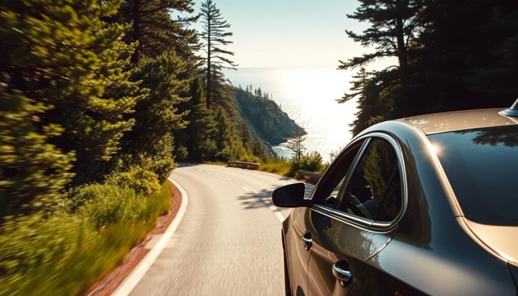 A winding coastal road cuts through lush, verdant forestry, the warm rays of the afternoon sun filtering through the canopy. In the foreground, a sleek, modern sedan navigates the twists and turns, its chrome accents gleaming. The car's driver leans back, savoring the journey, windows down to let the cool, salty breeze wash over them. In the distance, the shimmering expanse of the Atlantic Ocean comes into view, framed by rugged cliffs and towering pines. This serene, cinematic scene captures the essence of Maine's scenic byways, inviting the viewer to embark on an unforgettable road trip through the state's most breathtaking landscapes. A winding coastal road cuts through lush, verdant forestry, the warm rays of the afternoon sun filtering through the canopy. In the foreground, a sleek, modern sedan navigates the twists and turns, its chrome accents gleaming. The car's driver leans back, savoring the journey, windows down to let the cool, salty breeze wash over them. In the distance, the shimmering expanse of the Atlantic Ocean comes into view, framed by rugged cliffs and towering pines. This serene, cinematic scene captures the essence of Maine's scenic byways, inviting the viewer to embark on an unforgettable road trip through the state's most breathtaking landscapes.