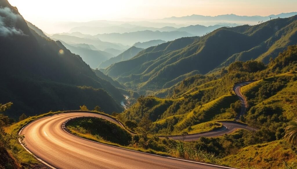 A winding mountain road cuts through lush, verdant hills, offering breathtaking vistas of the Mae Hong Son Loop in northwestern Thailand. The foreground features the curving asphalt path, flanked by towering, mist-shrouded peaks bathed in warm, golden light. In the middle ground, vibrant green forests and terraced rice paddies cascade down the hillsides, while in the distant background, majestic blue mountains rise up, their peaks fading into the hazy horizon. The scene exudes a sense of peaceful serenity, inviting the viewer to embark on a scenic, leisurely road adventure through this captivating region.