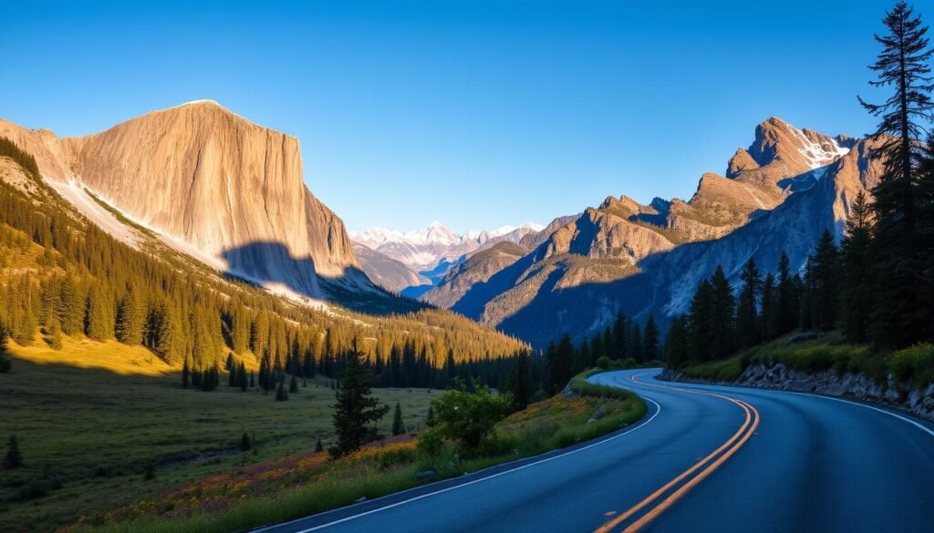 A winding mountain road snakes through a lush, pine-forested landscape, the Tioga Road in Yosemite National Park. In the foreground, the smooth asphalt is flanked by towering granite cliffs and alpine meadows dotted with vibrant wildflowers. Bathed in the warm glow of the afternoon sun, the scene evokes a sense of tranquility and adventure. In the middle ground, the road climbs steadily, revealing distant peaks capped with pristine snow. The background is dominated by the majestic silhouettes of the High Sierra, their rugged slopes framed by a brilliant azure sky. The overall atmosphere is one of serene, untamed wilderness, perfectly capturing the essence of Yosemite's high country. A winding mountain road snakes through a lush, pine-forested landscape, the Tioga Road in Yosemite National Park. In the foreground, the smooth asphalt is flanked by towering granite cliffs and alpine meadows dotted with vibrant wildflowers. Bathed in the warm glow of the afternoon sun, the scene evokes a sense of tranquility and adventure. In the middle ground, the road climbs steadily, revealing distant peaks capped with pristine snow. The background is dominated by the majestic silhouettes of the High Sierra, their rugged slopes framed by a brilliant azure sky. The overall atmosphere is one of serene, untamed wilderness, perfectly capturing the essence of Yosemite's high country.