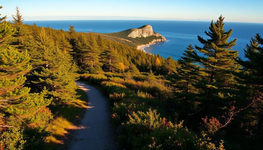 Acadia National Park, a picturesque oasis on the coast of Maine, in early September. A winding trail leads through a lush, verdant forest, dappled with shafts of warm, golden sunlight. Ahead, the trail opens up to reveal a sweeping vista of the rugged, granite-lined coastline, with the deep blue waters of the Atlantic Ocean stretching out to the horizon. In the distance, the iconic Otter Cliff stands tall, its rocky slopes bathed in the soft, hazy glow of the afternoon sun. The scene evokes a sense of tranquility and adventure, inviting visitors to explore the park's diverse landscapes and natural wonders. Acadia National Park, a picturesque oasis on the coast of Maine, in early September. A winding trail leads through a lush, verdant forest, dappled with shafts of warm, golden sunlight. Ahead, the trail opens up to reveal a sweeping vista of the rugged, granite-lined coastline, with the deep blue waters of the Atlantic Ocean stretching out to the horizon. In the distance, the iconic Otter Cliff stands tall, its rocky slopes bathed in the soft, hazy glow of the afternoon sun. The scene evokes a sense of tranquility and adventure, inviting visitors to explore the park's diverse landscapes and natural wonders.