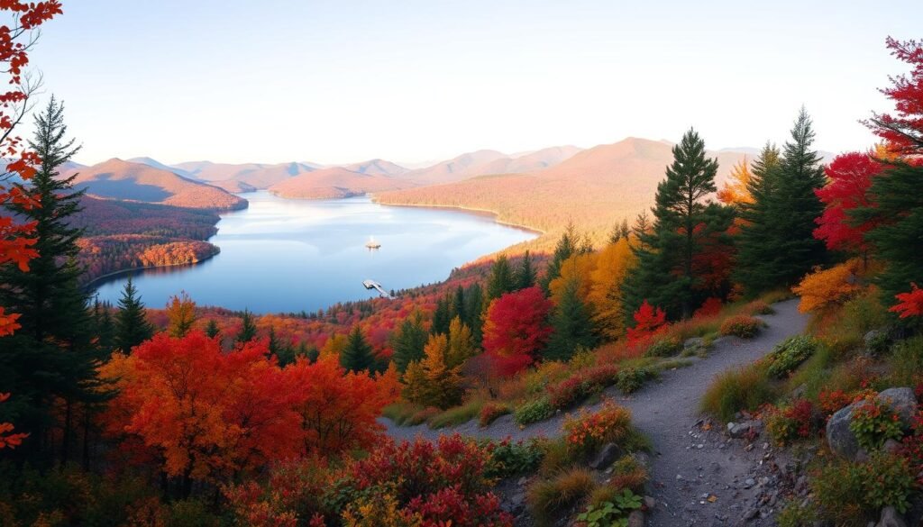 Adirondack fall foliage views: a panoramic scene of vibrant orange, red, and yellow hues cascading across rolling hills and pristine lakes. In the foreground, a winding hiking trail leads through a lush forest, the sunlight filtering through the brilliant autumn leaves. In the middle ground, a serene lake reflects the surrounding natural beauty, with a small wooden dock jutting out into the calm waters. In the distance, the iconic peaks of the Adirondack Mountains rise up, their jagged silhouettes punctuating the horizon under a soft, golden glow. The overall atmosphere is one of tranquility, wonder, and the eternal cycle of the seasons. Adirondack fall foliage views: a panoramic scene of vibrant orange, red, and yellow hues cascading across rolling hills and pristine lakes. In the foreground, a winding hiking trail leads through a lush forest, the sunlight filtering through the brilliant autumn leaves. In the middle ground, a serene lake reflects the surrounding natural beauty, with a small wooden dock jutting out into the calm waters. In the distance, the iconic peaks of the Adirondack Mountains rise up, their jagged silhouettes punctuating the horizon under a soft, golden glow. The overall atmosphere is one of tranquility, wonder, and the eternal cycle of the seasons.