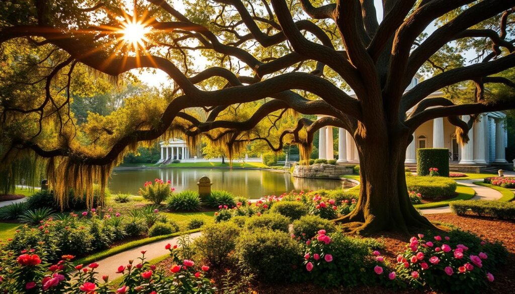 Airlie Gardens, a lush oasis of vibrant blooms, serene ponds, and winding paths in Wilmington, North Carolina. Capture the scene with a wide-angle lens, showcasing the iconic Airlie Oak tree in the foreground, its gnarled branches reaching skyward. In the middle ground, a tranquil lake reflects the surrounding greenery, dotted with colorful azaleas and camellias. Warm, golden sunlight filters through the canopy, casting a soft, romantic glow over the entire scene. The background features the historic Airlie Mansion, its stately columns and elegant architecture complementing the natural beauty. Evoke a sense of timeless wonder, inviting the viewer to explore this enchanting garden paradise in the heart of Wilmington.