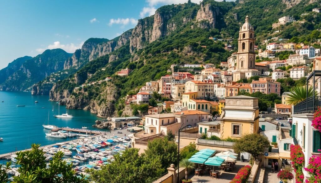 Amalfi Coast, a sun-drenched paradise nestled along Italy's Sorrentine Peninsula. Capture the dramatic cliffs plunging into the turquoise Tyrrhenian Sea, crowned with pastel-hued villages spilling down the hillsides. In the foreground, a picturesque harbor brimming with fishing boats and colorful umbrellas shading al fresco cafes. Stroll the winding cobblestone streets, framed by lush lemon groves and bougainvillea-draped buildings. Gaze up at the towering cathedral, its Byzantine-style facade reflecting the region's rich history. Set the scene with warm, golden hour lighting, casting a romantic glow over the entire coastal vista. Compose the image with a wide-angle lens to capture the breathtaking scale of this cinematic Italian landscape.