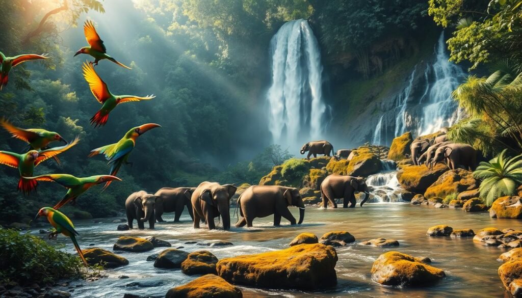 An adventurous wildlife scene in a lush, verdant rainforest. In the foreground, a group of colorful tropical birds take flight, their vibrant feathers catching the soft, dappled sunlight filtering through the canopy above. In the middle ground, a herd of majestic elephants gracefully navigate the winding river, their trunks raised in a display of power and curiosity. In the background, a towering waterfall cascades over mossy rocks, creating a serene and invigorating atmosphere. The overall composition captures the thrill and wonder of an immersive wildlife experience, inviting the viewer to embark on their own journey of discovery.
