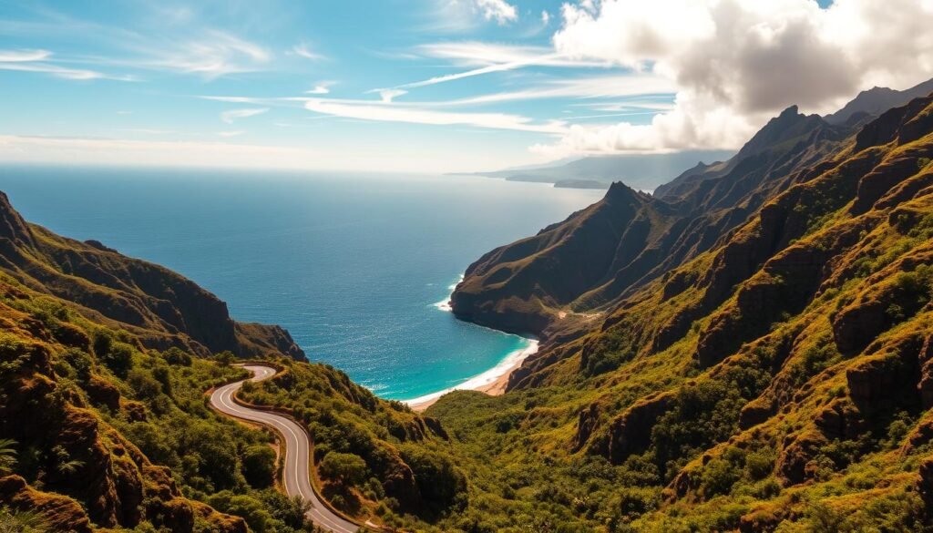 An aerial vista of Maui's lush, verdant landscapes, framed by rugged coastal cliffs and azure ocean waters. In the foreground, the iconic, winding Road to Hāna snakes through vibrant tropical foliage, leading the eye towards the misty, cloud-capped peaks of Haleakalā volcano in the distance. Warm afternoon sunlight filters through wispy cirrus clouds, casting a golden glow over the scene. In the middle ground, pristine white-sand beaches dot the shoreline, inviting visitors to bask in the island's natural splendor. An atmosphere of tranquility and adventure pervades the image, capturing the essence of Maui's most breathtaking sights. An aerial vista of Maui's lush, verdant landscapes, framed by rugged coastal cliffs and azure ocean waters. In the foreground, the iconic, winding Road to Hāna snakes through vibrant tropical foliage, leading the eye towards the misty, cloud-capped peaks of Haleakalā volcano in the distance. Warm afternoon sunlight filters through wispy cirrus clouds, casting a golden glow over the scene. In the middle ground, pristine white-sand beaches dot the shoreline, inviting visitors to bask in the island's natural splendor. An atmosphere of tranquility and adventure pervades the image, capturing the essence of Maui's most breathtaking sights.
